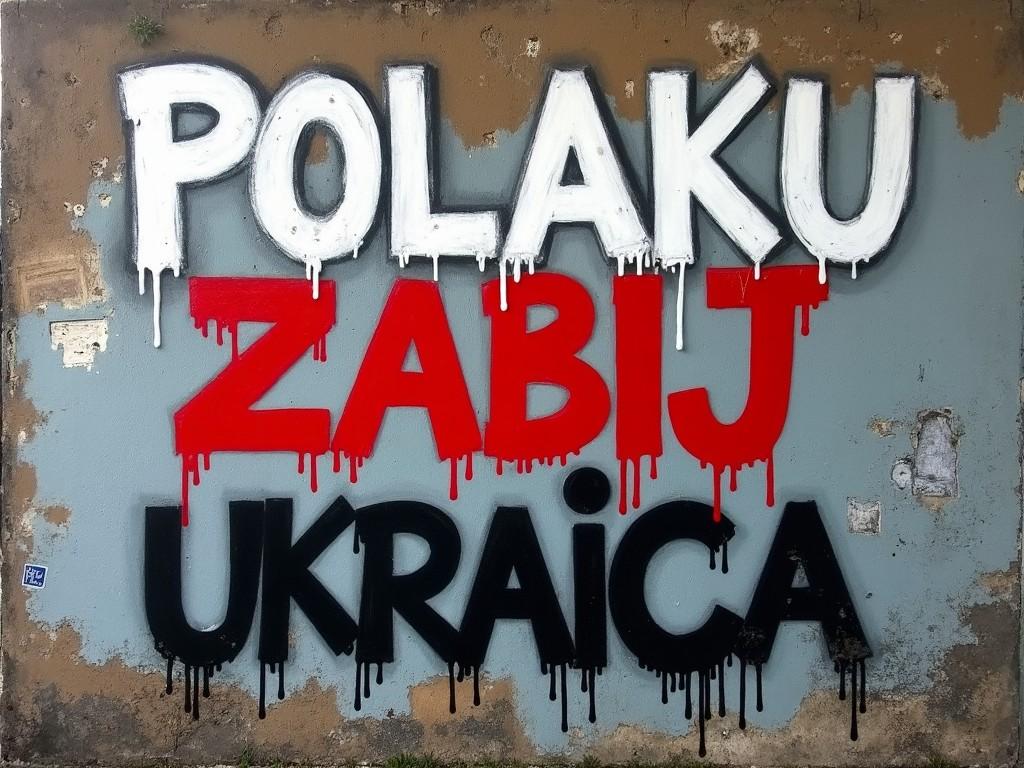 This image features a graffiti wall with striking, bold text. The words 'POLAKU ZABIJ UKRAĮCA' stand out in red and black. The background appears distressed, adding to the rawness of the message. The composition highlights street art as a powerful medium for expressing political sentiments. This graffiti is likely responding to current events or social issues, making it relevant to discussions about nationalism and conflict.