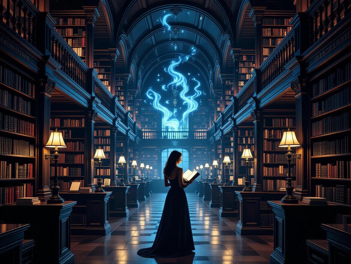 A dim timeless library at midnight filled with vast shelves. Soft lamplight glows from every corner. A contemplative woman stands holding an open book. Shadows of alternate lives flicker in the air, creating a mystical and hopeful atmosphere. Reflection and inspiration blend together.