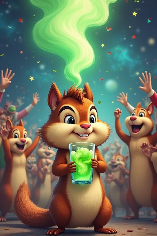 Cute cartoon chipmunk holding glowing green drink. Cheeky expression. Background filled with excited crowd of meme characters celebrating. Colorful, surreal setting with stars and confetti. Humor and iconic vibe.