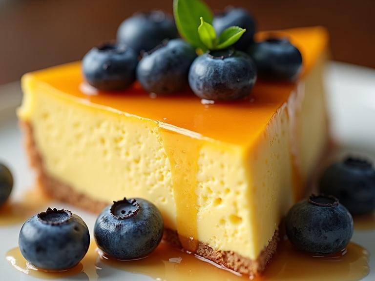 Delicious slice of yellow cheesecake garnished with fresh blueberries. Close-up view highlighting the crust and creamy texture. Soft lighting adds warmth to the dessert appeal.