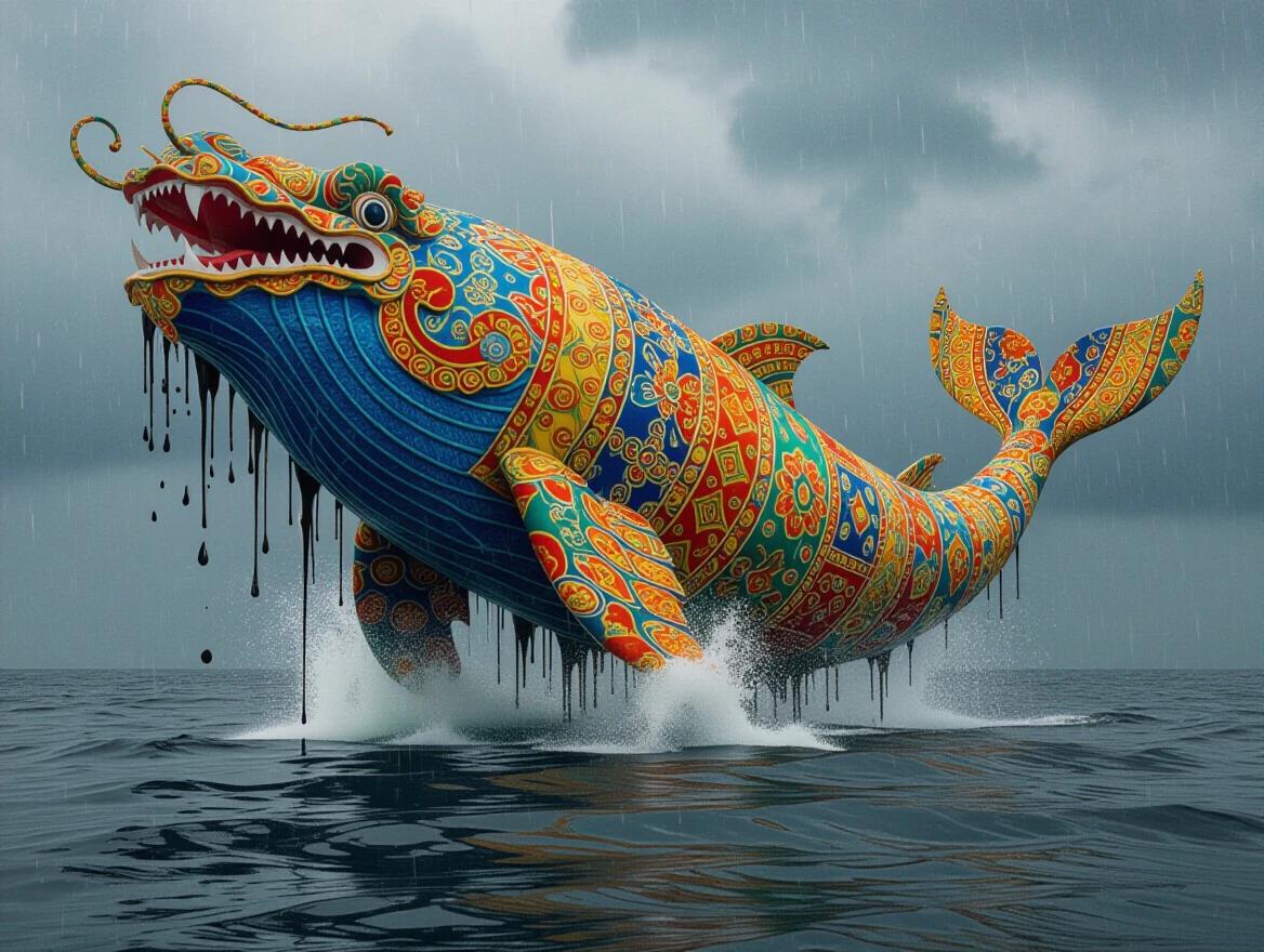 A massive mythical whale rises from stormy waters. Its body is adorned with intricate Batik patterns. Black ink drips from its fins into the ocean. The scene evokes a surreal and majestic atmosphere.