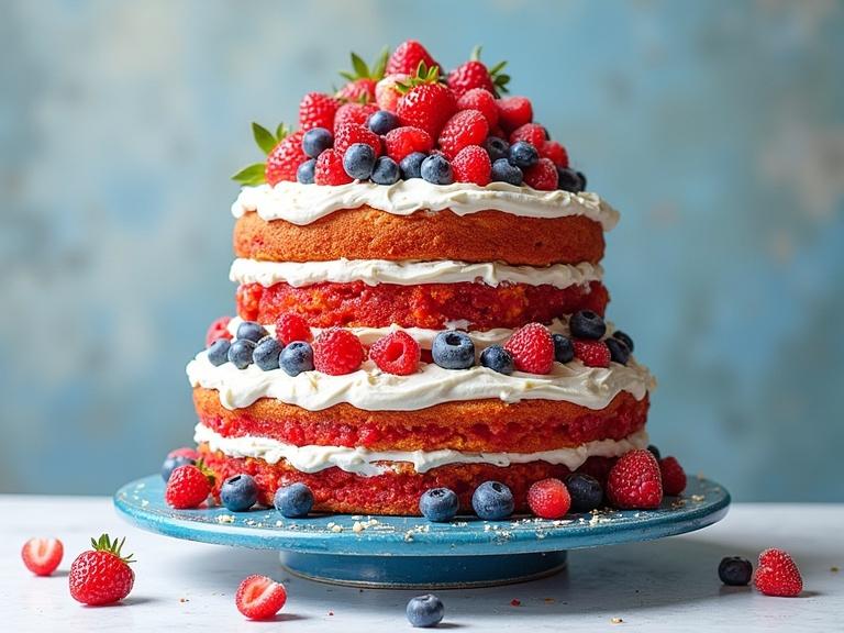 Whimsical wonky multi-layered cake decorated with red raspberries and blueberries. Navy blue plate used for presentation. Cream frosting between layers. Bright colors create a festive look.
