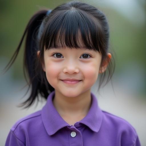 Photo realistic image of a young girl smiling outdoors. She has bangs and a ponytail, wearing a purple polo shirt. Background is blurry, suggesting a natural environment. Black hair and eyes, showing happiness.