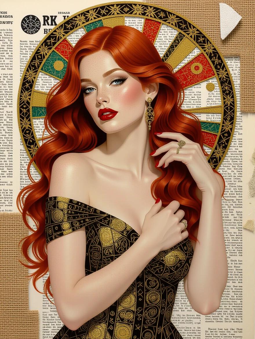 A glamorous redhead model is illustrated with fineliner precision. The artwork features intricate geometric patterns and a style reminiscent of Klimt. Mixed media elements like newspaper, jute, wood, sand, and glitter are included. The model's expression and styling are enchanting. The composition is rich in texture and employs a luminous color palette. The layers add depth, bringing the image to life.