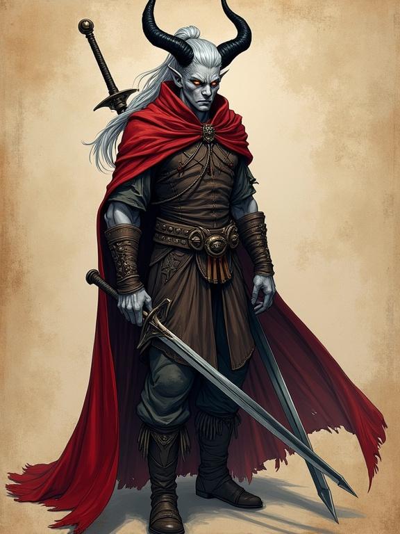 An imposing male tiefling paladin with ash-gray skin and glowing amber eyes. Long silver hair tied back, sleek black horns arching backward. Stern expression with scars on cheekbones. Wearing a dark crimson cloak, noble and tense stance, long sword drawn, detailed character features, pencil style, stylized background like ancient parchment.