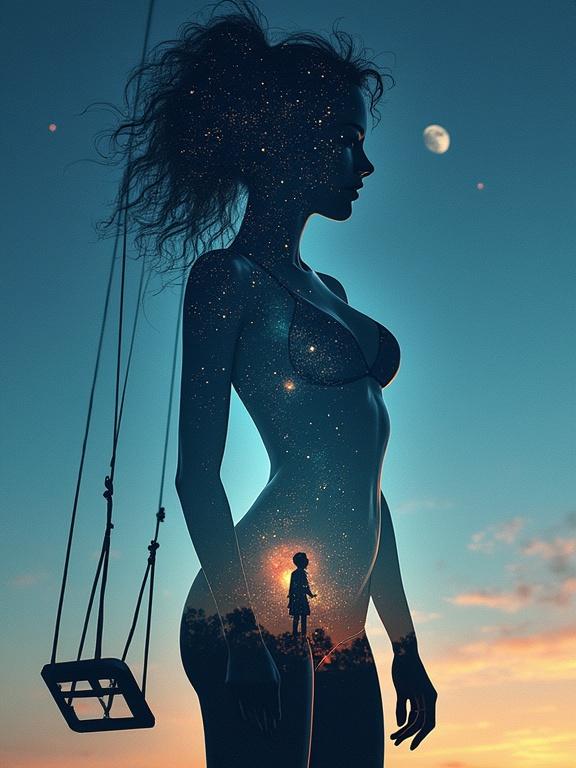 Artistic double exposure featuring a silhouette of a woman with cosmic imagery. Night sky with stars and a galaxy. Visible memories like an empty swing and a child's room. Expressive digital painting with soft textures and a dreamlike feel. Subdued light with a minimalist background.