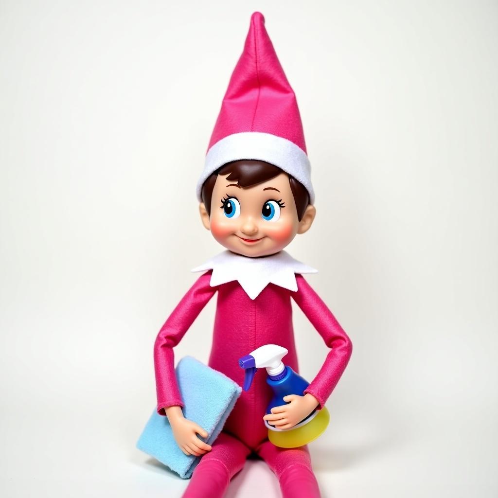 A pink Elf on the Shelf doll holds cleaning supplies. The doll has a cheerful expression. It is dressed in a pink outfit and a pointy hat. The background is neutral white.