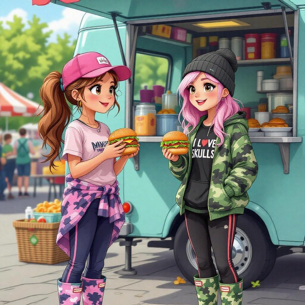 Brianna and Brandy at a music festival. They stand in front of a burger van. Both girls hold burgers. Brianna has long dark blonde hair and wears a pink cap. Brandy has pink hair and wears a black beanie. They are dressed in trendy casual outfits. The scene captures a lively outdoor setting.