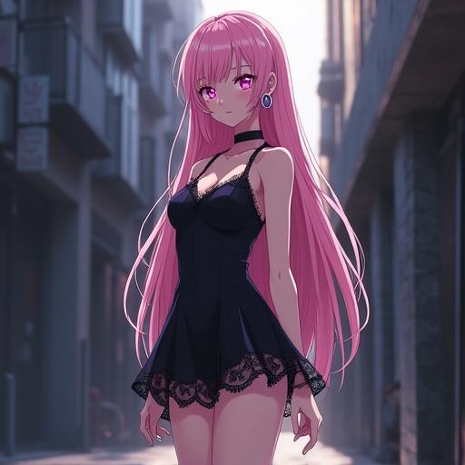 Anime girl has long pink hair with side bangs. She wears a tight black dress with lace details. The skirt is slightly flared and complements her white sneakers. Skin is pink pastel; eyes are purple with star-shaped highlights. Expression is confident and mysterious. Silver hoop earrings add a stylish touch. Detailed shadows and soft gloss on lips enhance her look. Shiny hair shows depth with light reflections. She stands in a moody urban background.