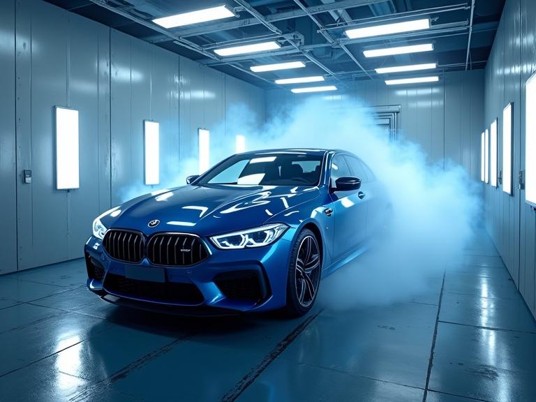 Professional automotive paint shop background image featuring a modern spray booth with soft LED lighting. Show a luxury car painted in metallic blue with paint mist in the air. Convey precision and quality in a professional workshop atmosphere. Blues, whites, metallics. High resolution.