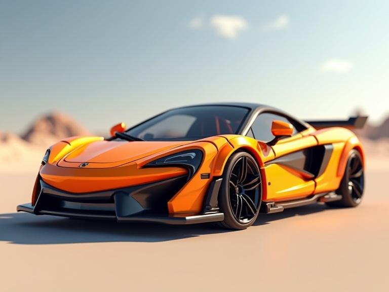 A voxel-style McLaren sport car with an orange finish. Rendered in 3D with a low angle perspective. The car features sleek lines and a dynamic stance.