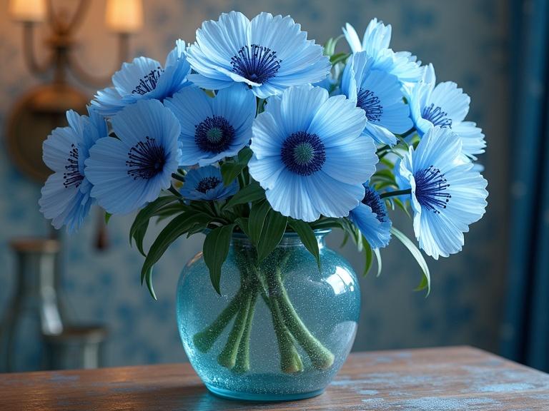 A bouquet of blue poppies in a teal glass vase. The setting is cozy with soft light. The background has pastel tones and a warm atmosphere. Digital painting style reminiscent of Chihiro Iwasaki.