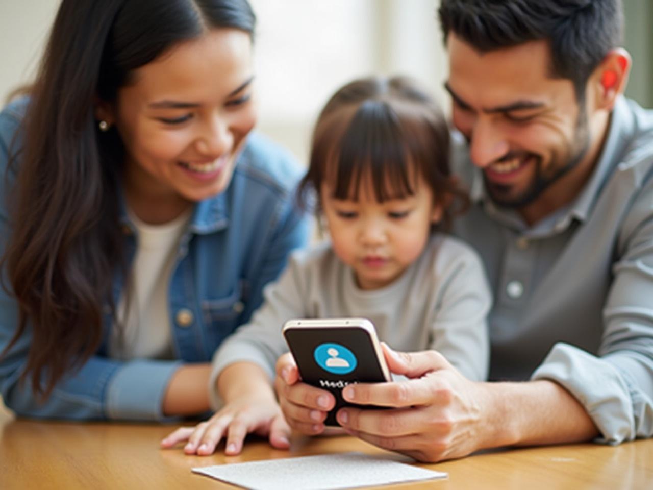 The image shows a family gathered around a smartphone at a table. They appear to be discussing something on the device together. The smartphone displays icons related to medical assistance and support. A child is seated in the middle, receiving attention from the adults. The scene is cozy and conveys a sense of care and concern.