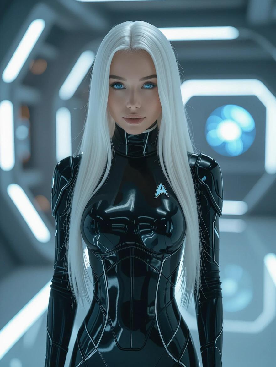 Realistic full body photo of a Cyborg woman with long white hair. She wears a shiny black bodysuit that resembles a Star Trek design. Clear blue eyes and a shy smile create an engaging character. The image is set in a futuristic environment with advanced technology visible in the background.