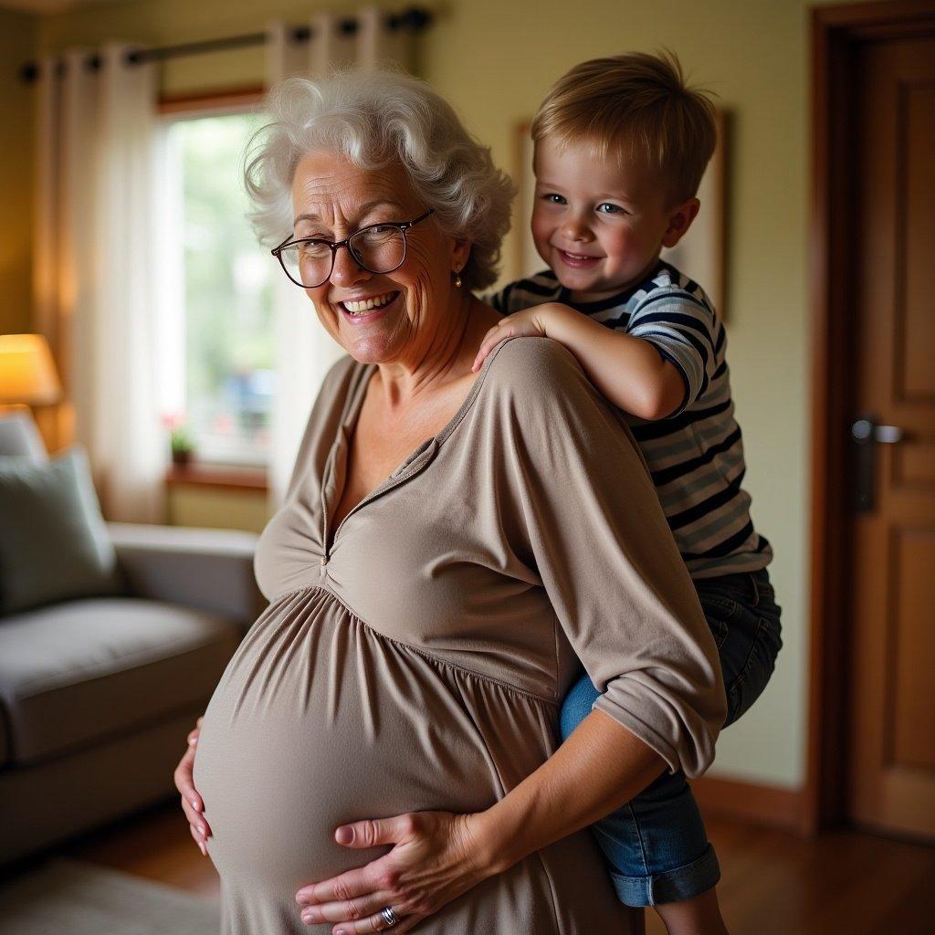 A grandmother is carrying her grandson on her hip. The grandmother is pregnant. They are indoors. Warm lighting creates a cozy atmosphere. The focus is on their bond.