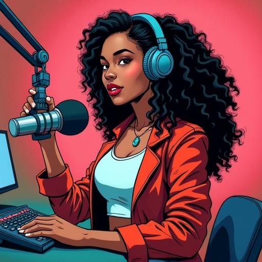 An image features a female DJ from Trinidad inside a radio station illustrated in a comic book action style. She has curly hair and is wearing headphones and a red jacket. She operates a microphone and has a confident expression.