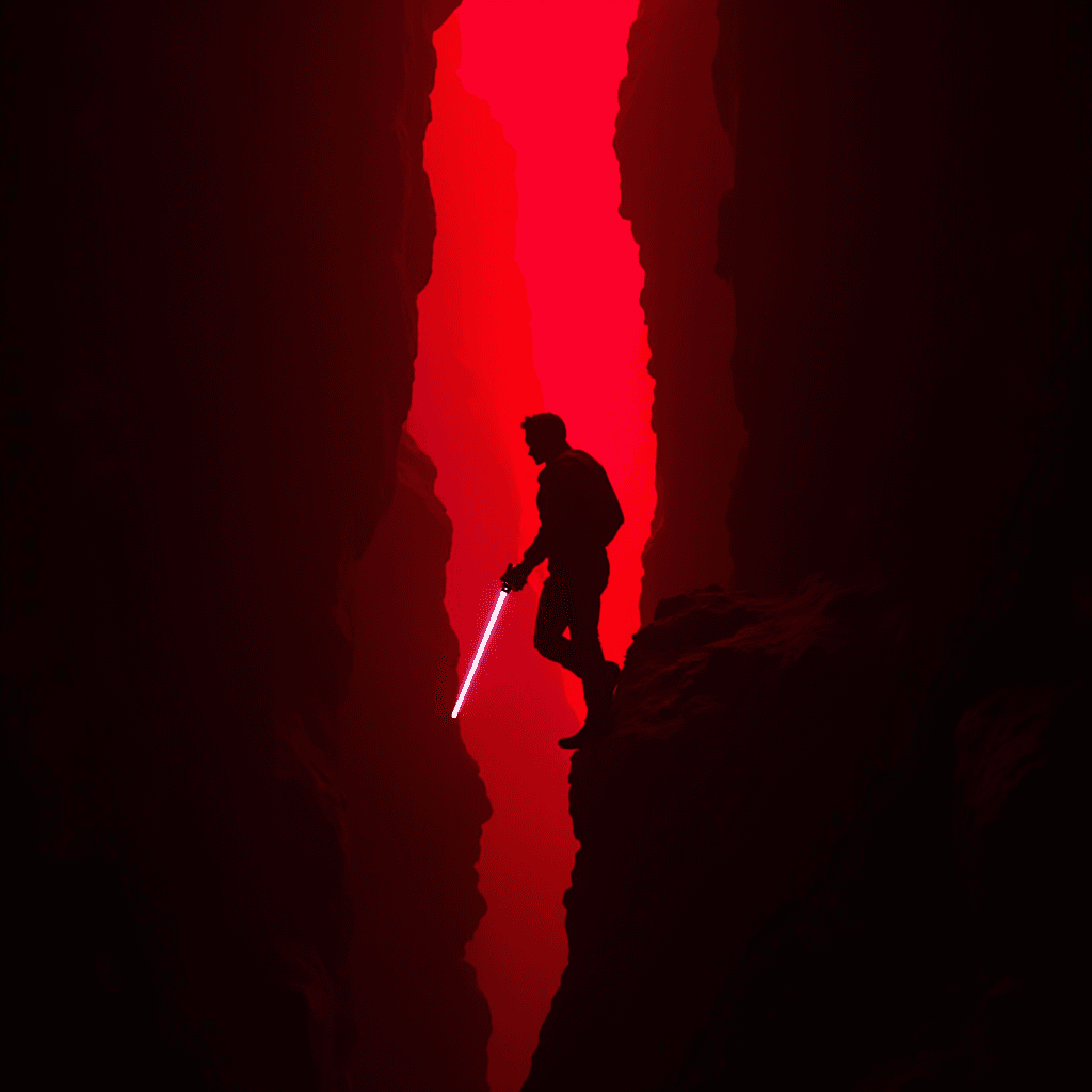 A silhouetted figure holding a glowing weapon stands between towering red rock formations.