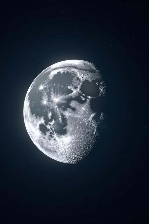 A moon glowing against a dark night sky. It showcases details of craters and surface textures. High mountains can be seen on the moon's surface.