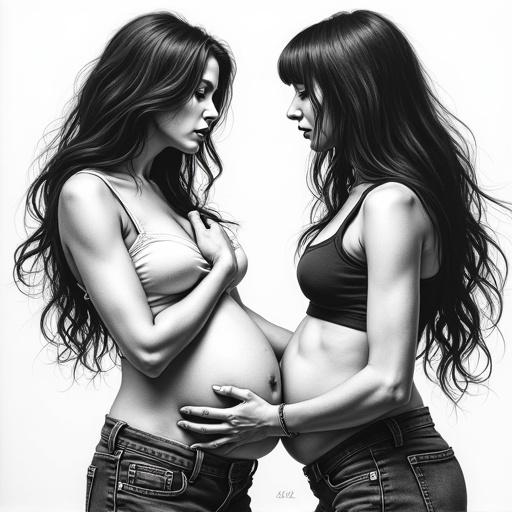 a detailed illustration of women in an intense situation with visible emotional expressions in monochrome. Focus on the interaction between two women and their emotions. Gothic drawing style emphasizing pain and resilience.
