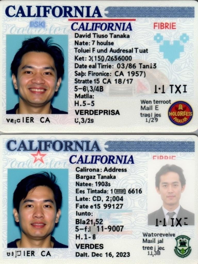 California driver license with personal identification details. License shows name David Tatsuo Tanaka. Address is 1008 E Landing Way Sacramento CA 95831. Date of birth is 03/25/1957. License has security features like a holographic image. Holder is male with black hair and brown eyes. Height is 5 feet 11 inches and weight is 152 pounds. License validity until October 16 2028. Date of issue December 15 2023.