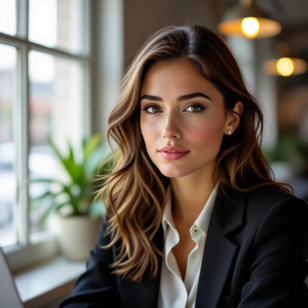 Portrait of a young woman journalist focused on her work. She looks straight ahead with a determined expression while soft light from a window highlights her professionalism.