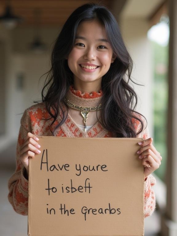 Asian beautiful girl smiles and holds a board