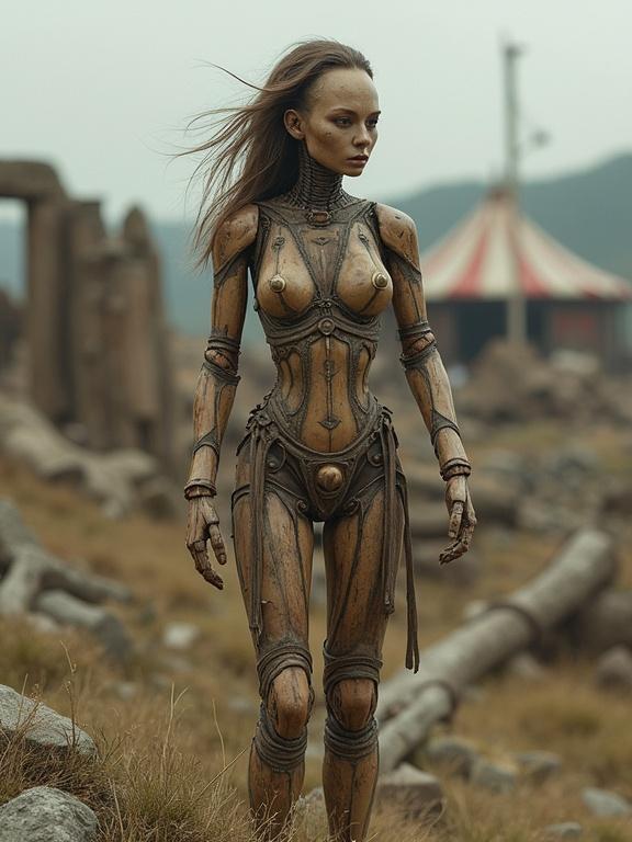 Image of a weathered humanoid female figure made of aged timber. She stands in ruins of a forgotten festival. This is rendered as digital 3D art.