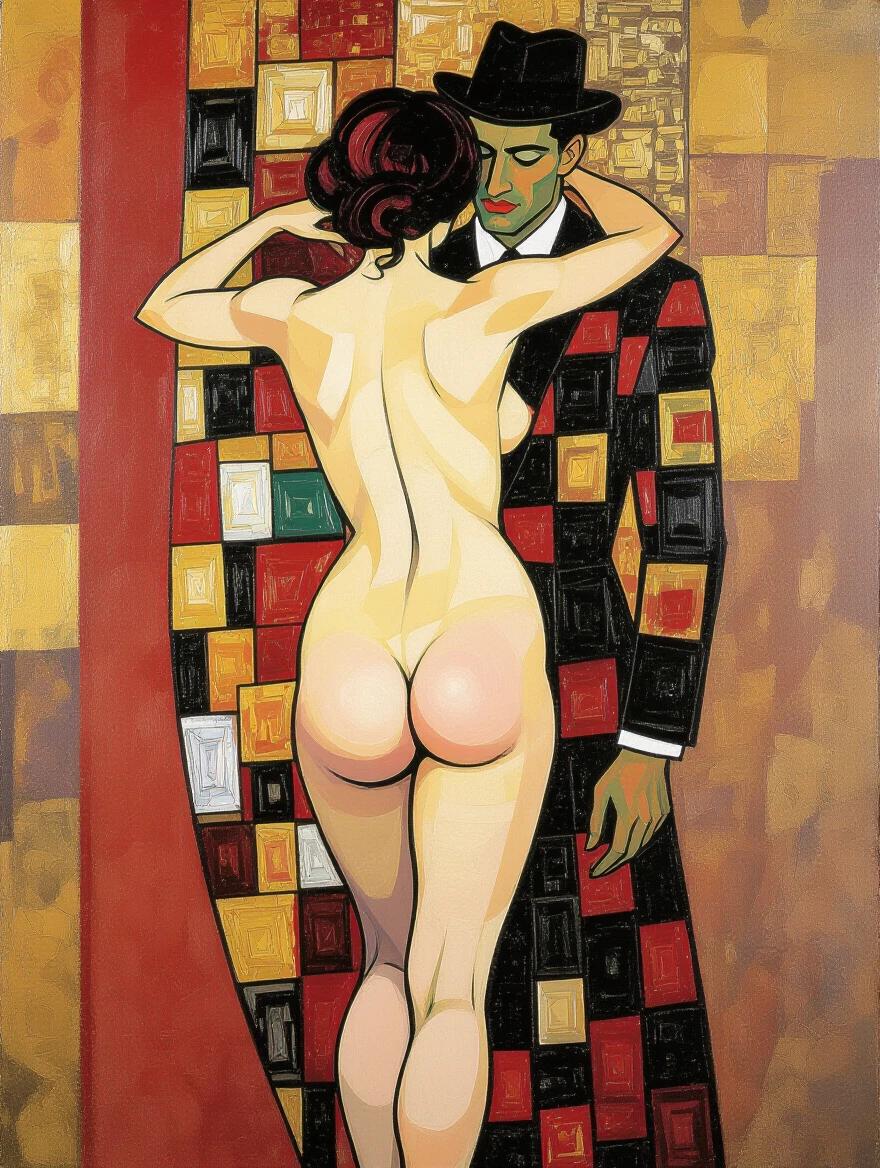 Nude model posed on knees, seen from behind, standing next to a man in a patterned suit. Abstract oil painting with a chaotic background.