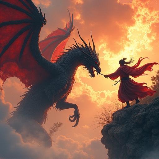 An epic battle scene featuring Karasu Tengu and a Dragon God. Tengu with flowing red robes stands bravely on a rocky ledge. A massive, menacing dragon with intricate scales looms above. Striking sunset illuminates the confrontation. Wispy clouds surround the figures. Dramatic and powerful composition.