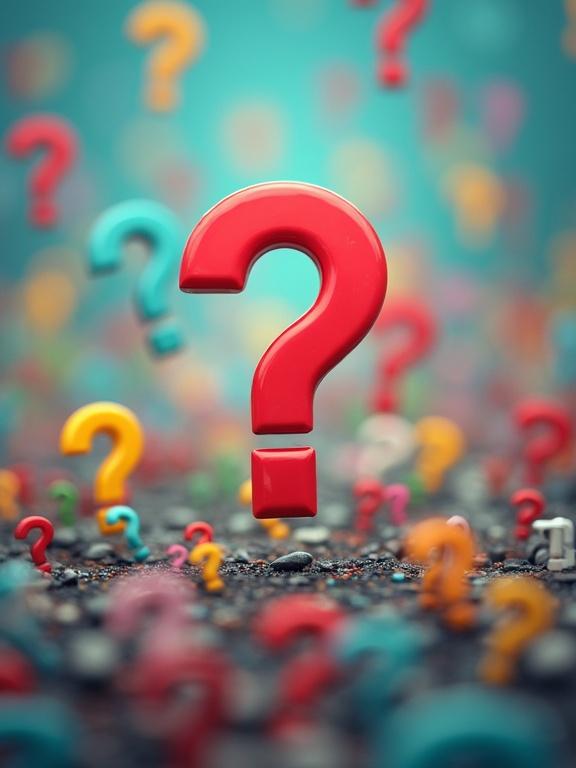 Multiple colorful question marks in different sizes floating around. Curious and confused atmosphere with bright colors.