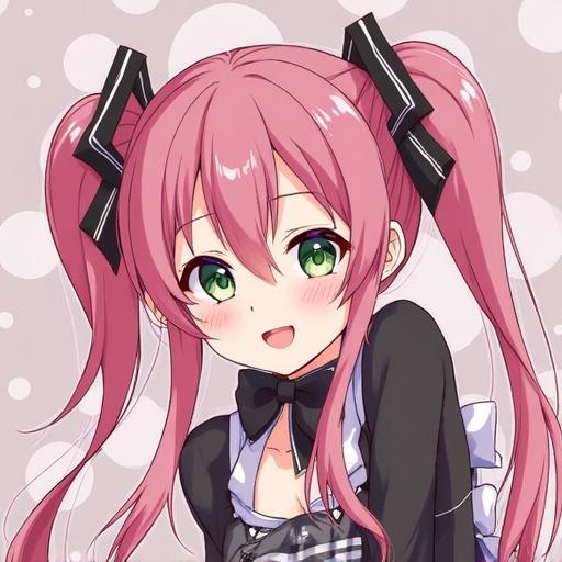 Anime character with pink hair and green eyes. Dressed in a stylish idol costume. Bright and cheerful expression. Features bows in hair.