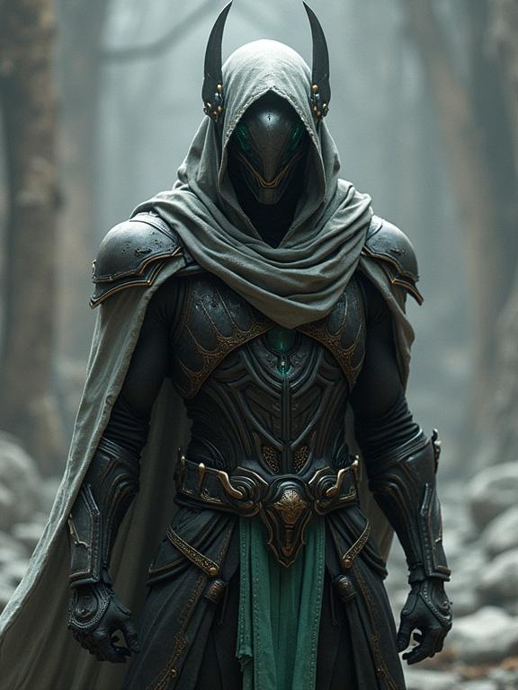A highly detailed armored figure dressed in a hooded cloak. The character stands confidently, exuding a mysterious aura amidst a misty forest setting. Captivating details in armor and styling showcase a fantasy persona.