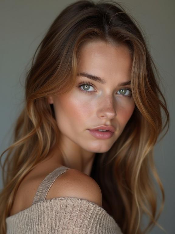 Portrait of a beautiful female Swedish model with light brown hair aged 23. She has long flowing hair and wears a soft, beige sweater. The image has a gentle and warm atmosphere emphasizing her hair and the texture of her clothing.