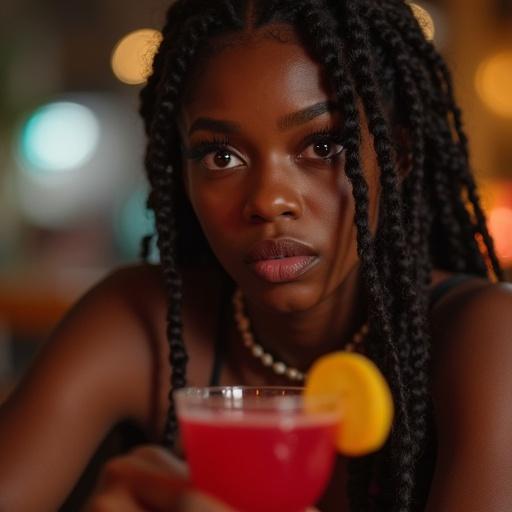 A girl with brown skin has messy box braids. She holds a red cocktail drink. She looks uneasy and is staring off into the distance.