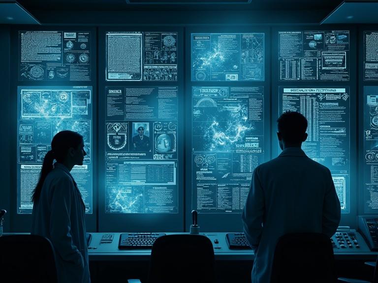 Dark cinematic collage features glowing control panels and silhouettes of scientists in lab coats surrounded by military files and classified documents. Emphasis on dark blue and black tones with dramatic lighting effects.