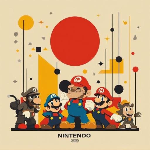 Minimalist style poster showcasing Nintendo characters including Mario, Luigi, and others. Features geometric shapes and bold colors influenced by Bauhaus design.