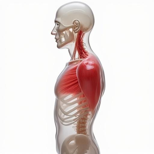 Transparent human anatomical model showing rib cage and shoulder area. Serratus anterior muscle highlighted in red. Medical illustration with clean white background.