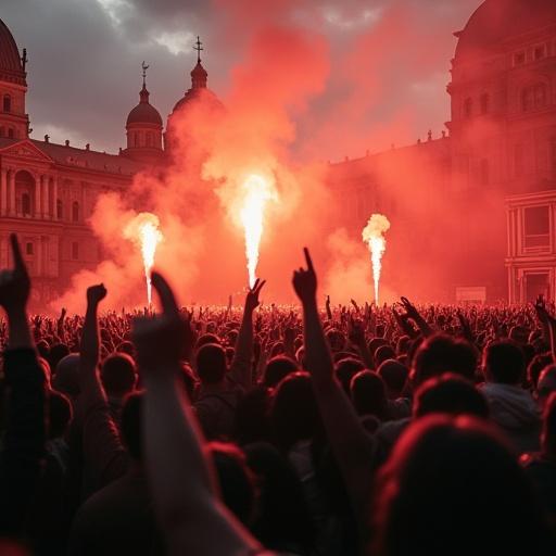 A large crowd at a political rally. Everyone is wearing rave attire. Smoke flares in the background create a dramatic red atmosphere. Historical architecture is visible in the backdrop. The energy is vibrant and intense.