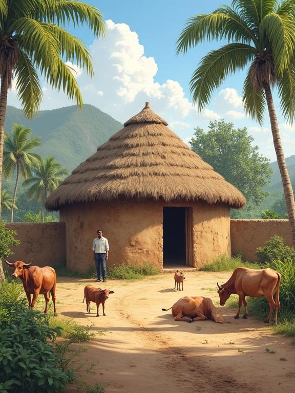 Rural village scene with a thatched-roof mud house surrounded by palm trees and cows. A man stands at the doorway. Background consists of gentle hills and clear skies under natural lighting.