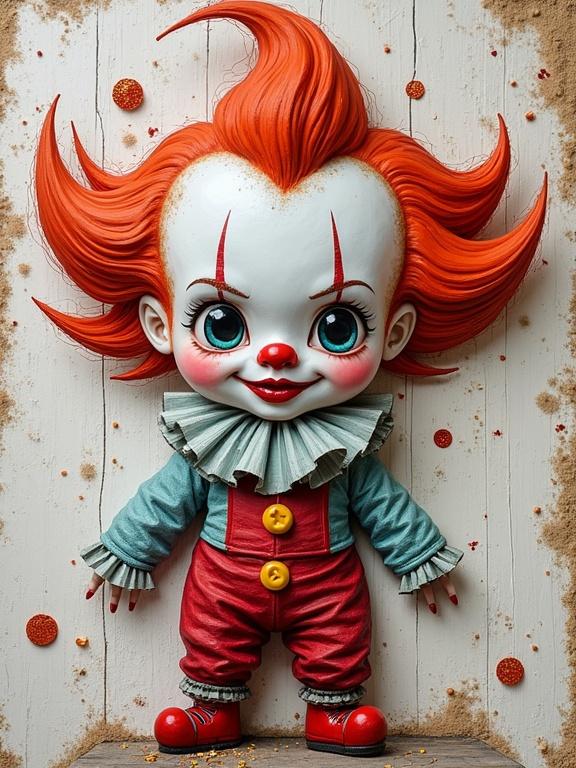Chibi clown doll with bright red hair detailed with impasto technique. Mixed media with textures like newspaper and sand. Character has a stylized appearance with a playful expression.