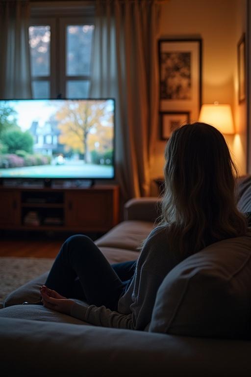 Realistic scene in a cozy home. A woman is sitting on a sofa in a living room watching a television. A warm atmosphere is created with soft lighting and a view of an outdoor scene on the TV.