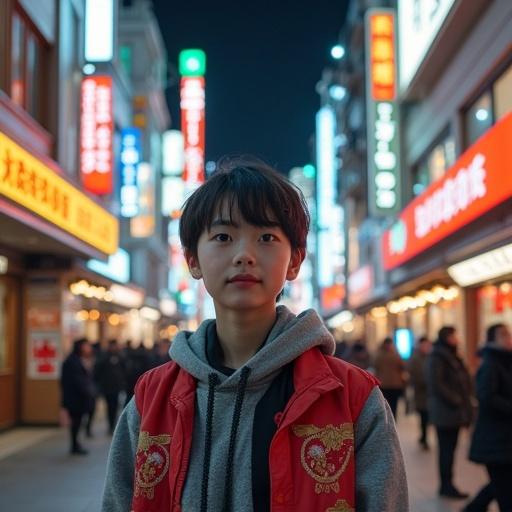 Child in urban Tokyo at night with neon lights in background. Casual stylish attire. Focus on face and surroundings.