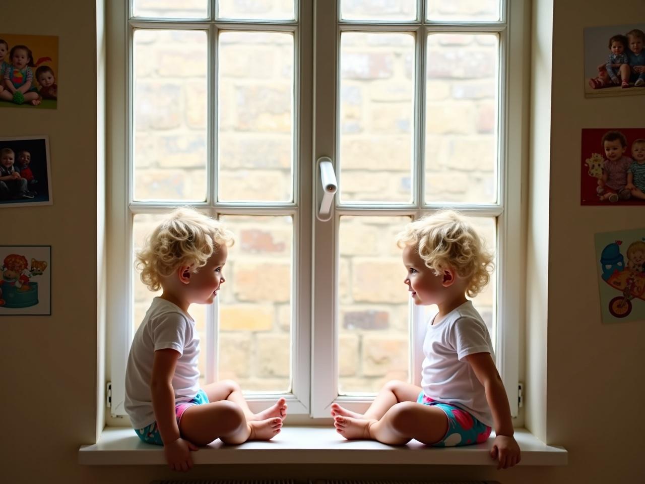 A child with curly blond hair sits sideways on a window ledge. She is wearing a white T-shirt and colorful shorts. The window features multiple panes and looks out onto a brick wall. The room has pictures attached to the wall, including images of toys and play scenes. The light coming through the window gives a warm atmosphere to the scene.