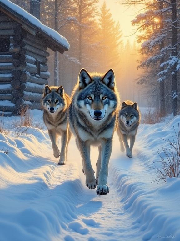 Three Grey wolves run through snow. Front wolf is king, close-up center. Hyper-realistic style with oil painting technique. Thick brushstrokes detail fur. Golden hour lighting casts dramatic shadows. Snow-covered boreal forest background with a log cabin.