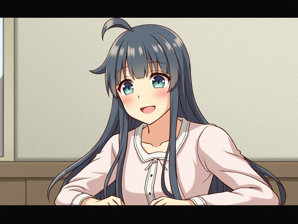 Anime character sitting at a table smiling. Long hair, blue eyes, wearing a white blouse and light-colored skirt. Cheerful atmosphere with soft lighting. Focus on facial expression.