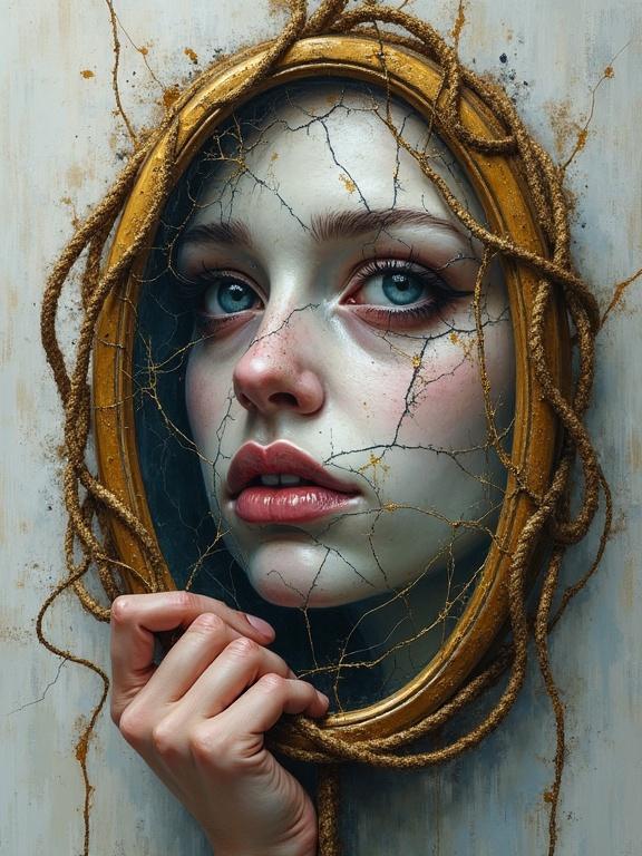 An oil painting of a cracked handheld mirror. Delicate gold filaments snake through the cracks. The mirror reflects a decayed face with a gilded noose coiled around its edge. The artwork depicts themes of decay and beauty.