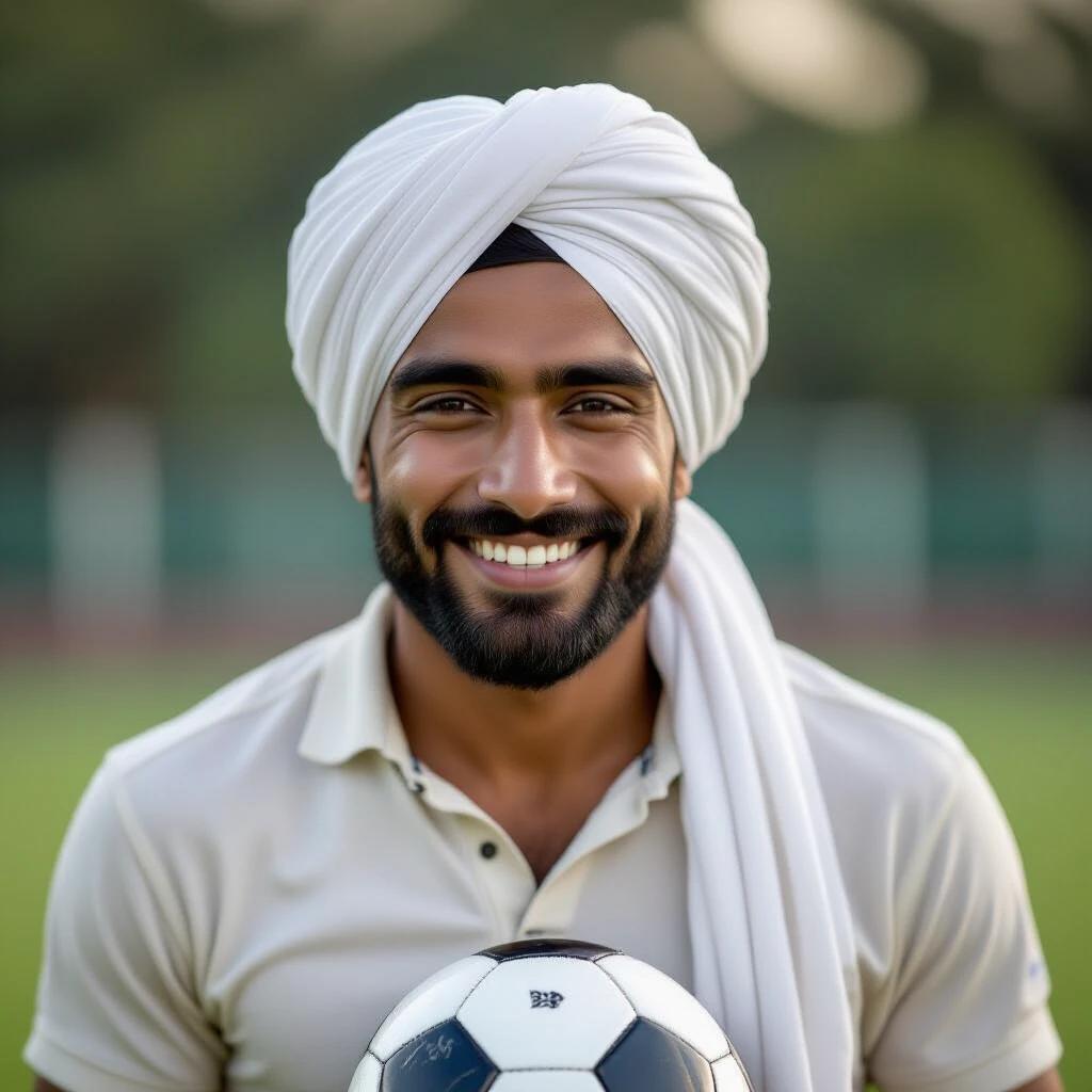 Indian man smiling while holding a soccer ball. Wearing a white Haryanvi turban. Young with black hair and sharp jawline.