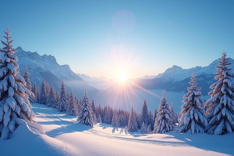 Breathtaking sunrise over snow-covered mountains. Clear blue sky with vibrant sun. Pine trees dot the winter landscape. Fresh snow blankets the ground. Beautiful winter scene during sunrise.