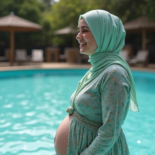 Pregnant woman in hijab at water park. Soft lighting and natural surroundings. Joyful expression on face. Side profile view.