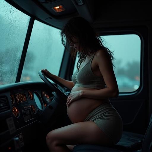Pregnant woman in tight clothes sits in semi truck cabin. Rain on windows. Dim dashboard lights create a mysterious feeling. Emphasis on her rounded belly and vulnerability.